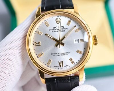 Rolex Datejust Replica with Leather Strap 8215 Movement 40mm 316L Steel Italian Leather Strap Gold Bezel Watch